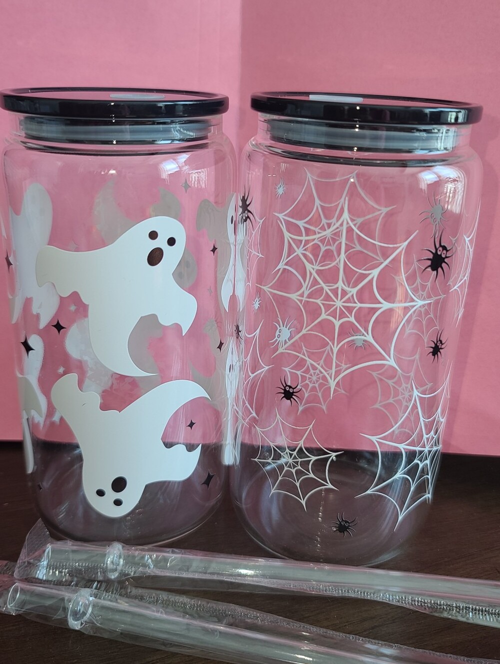 Halloween Ghost & Spiderweb Glass Drink Jars with Black Lids (Set of 2)